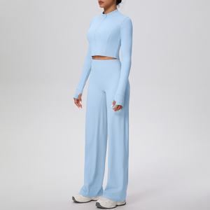 Conjunto de 2 Piezas para Mujer: Chaqueta con Cierre y Pantalones Rectos Holgados, Color Sólido, Transpirable y con Microcepillado, para Deportes, Running, Yoga y Fitness - Product Image 2