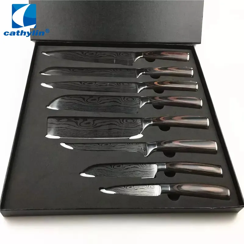Professional multi use 8pc 8 inch 67 layer damascus grain boxed kitchen japanese chef knife set in gift magnetic black color box