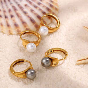 ต่างหูห่วงมุกเทียม ชุบทอง 18k ไทเทเนียมสตีล ทรงกลม ประดับขอบ สำหรับใส่ทุกวัน - Product Image 2