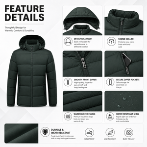 Custom <strong>Men's</strong> Winter Bomber Style <strong>Puffer</strong> <strong>Jacket</strong> Thick Canvas Fabric Casual Outdoor <strong>Hooded</strong> with Front Logo Wholesale Supplier - Product Image 4