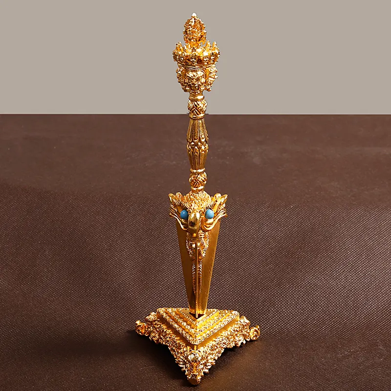Pure copper gilt vajra with three sides Puba pestle base gilt 22cm high ornaments King Kong pubas