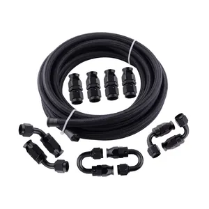 Black CPE Rubber Nylon Cover Stainless Steel Braided Oil Gas 20FT 3/8 6AN Fuel Hose Line Kit 3/8"+An End Fittings Aluminum