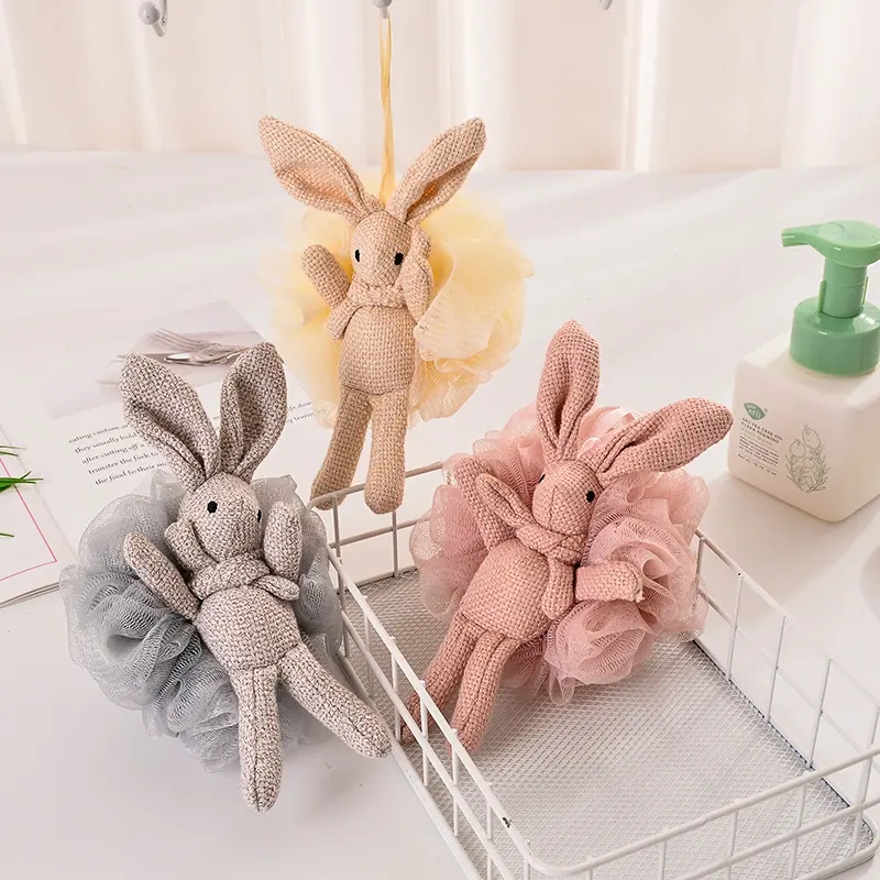 אמבט ספוג רשת קצף חמוד ארנב צורת מקלחת כדור עבור גוף פילינג נקי עור אביזרי אמבטיה עם שרוך