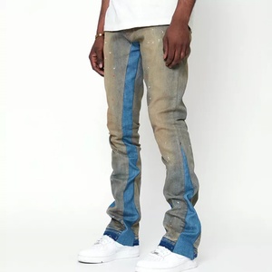 Custom Blue Vintage Fashion Design Distress Hole Flare Fit Blue <b>Jeans</b> Graffiti Paint Splatter <b>Elastic</b> Men <b>Jeans</b> Manufacturers - Product Image 3