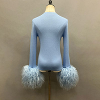 Pull en tricot personnalisé de luxe à col rond de couleur unie, pull doux aux poignets en vraie fourrure de Mongolie pour femmes