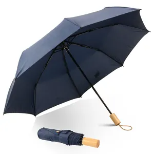 Wholesale PRET Fabric Umbrella Folding Bamboo Handle 3 Folding Umbrella with Logo Prints Custom Made