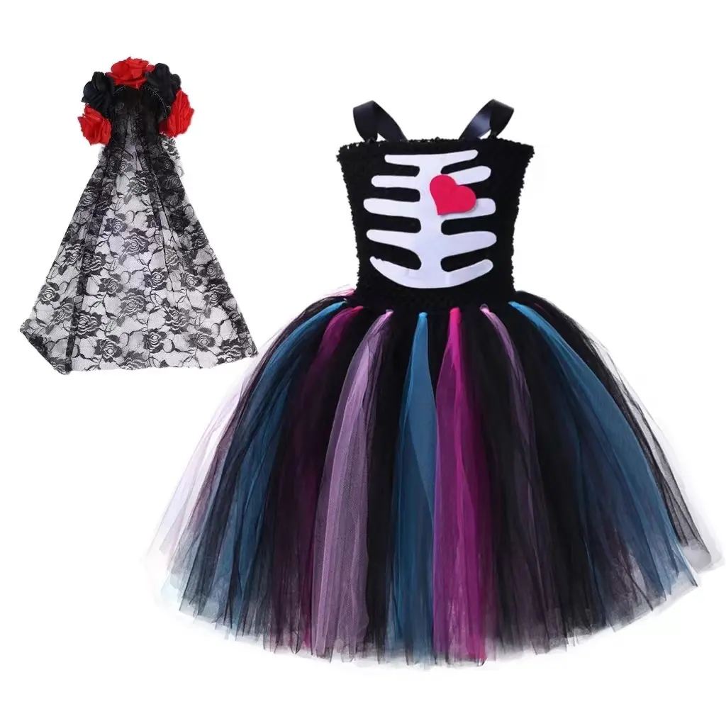 Halloween party girl dresses Black tutu dress Girl Bride of Death play costume skeleton costume M243