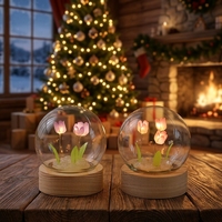 Lanterne de nuit moderne en verre en forme de tulipe, faite à la main, DIY, avec LED, base en bois, batterie amovible, lumière blanche neutre 4100K, pour la maison