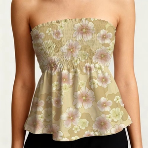 Blusa de Verano al por Mayor para Mujer, <span class=keywords><strong>Top</strong></span> <span class=keywords><strong>Fruncido</strong></span> con Estampado Floral Hawaiano, Estilo Casual Elástico, Camisas sin Tirantes - Product Image 1