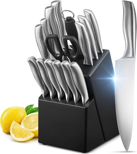 Couteaux de cuisine en acier inoxydable avec bloc de rangement, manche noir en PP, ensemble de couteaux de cuisine - Product Image 1