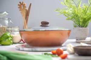 Ceramic Non-Stick Wok <b>Pan</b> 28cm Copper Exterior Wooden Handle With Glass <b>Lid</b> For Gas And Induction Cooker - Product Image 6