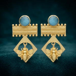 Gold Plated Ethnic Bee Design Engagement Drop <b>Earrings</b> with <b>Blue</b> Quartz Gemstone - Product Image 3