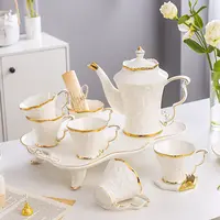 गर्म बेच लक्जरी दोपहर चाय सेट रेस्तरां सफेद सोने रिम सिरेमिक चाय कप के साथ सेट उभरा कॉफी और चाय सेट ट्रे
