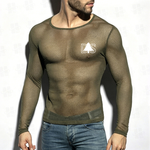 T-shirt Homme Personnalisé avec LOGO Imprimé, <span class=keywords><strong>Sexy</strong></span>, Manches Longues, Respirant, Musculation, Été, Doux, en Maille Transparente, Style Filet de Pêche - Product Image 3