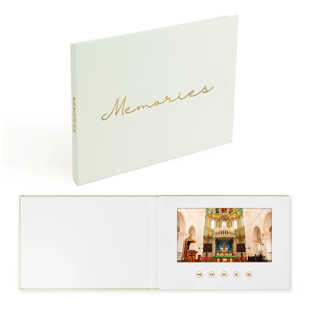 Luxo Casamento Tecido Hardcover Lcd Brochura Memórias ouro folha linho vídeo álbuns 7 10 polegadas A4 Touch Screen Lcd Video Book Box