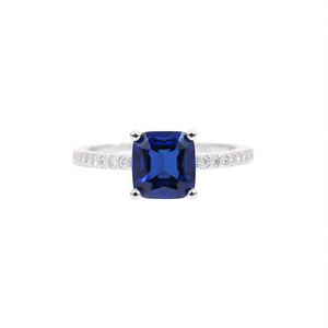 Bague moderne en saphir bleu pour femmes, pierre naturelle de coupe rectangulaire, sertie à griffes, bande en acier inoxydable, naissance de septembre - Product Image 1