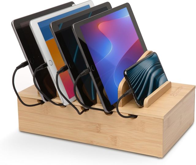 Bamboo Cord Box with Cable Management - 5-Port Base for Phones, Tablets and Laptops Docking Station with Removable Divider Slots