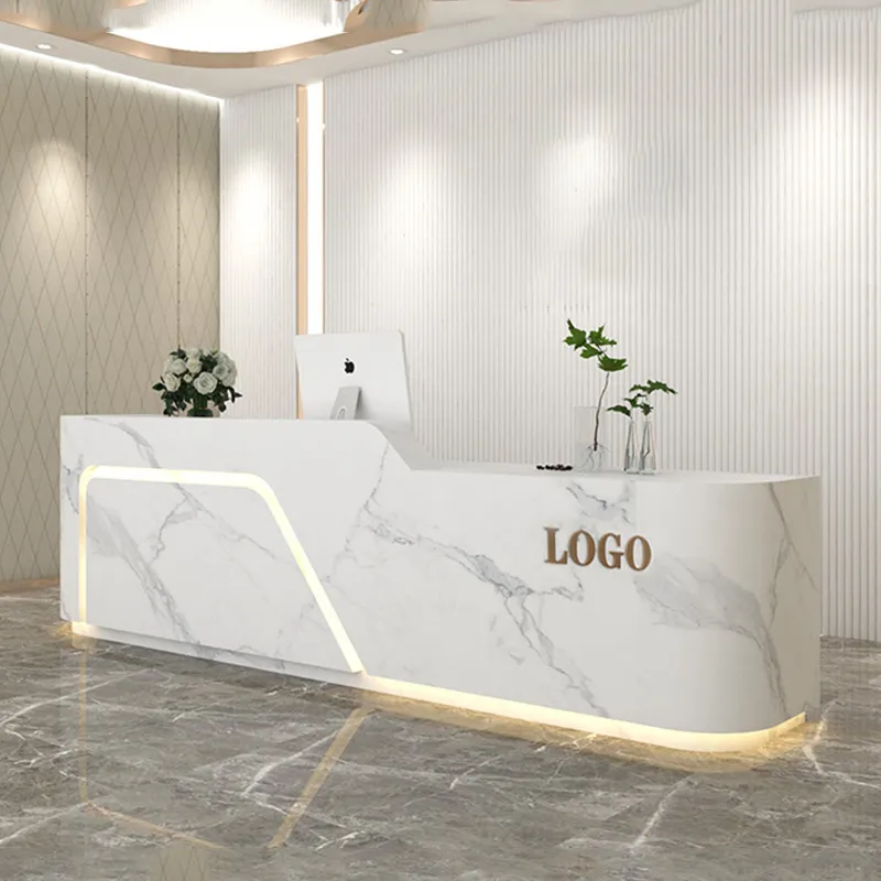 Mostrador de oficina de lujo moderno, mesa de recepción de hotel, mesa de salón de belleza frontal de mármol