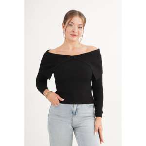 <b>Black</b> <b>Off</b> <b>Shoulder</b> Knit <b>Top</b> Women Full <b>Sleeve</b> Casual Soft Ribbed Sweater <b>Long</b> <b>Sleeve</b> <b>Top</b> For Everyday Wear - Product Image 1