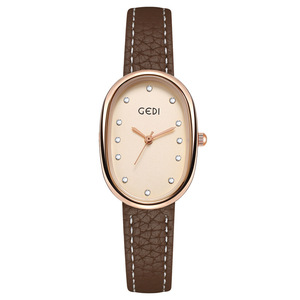 Montre pour femme au design original, cadran ovale, boîtier en nacre, bracelet en cuir, montre-bracelet à quartz élégante - Product Image 1