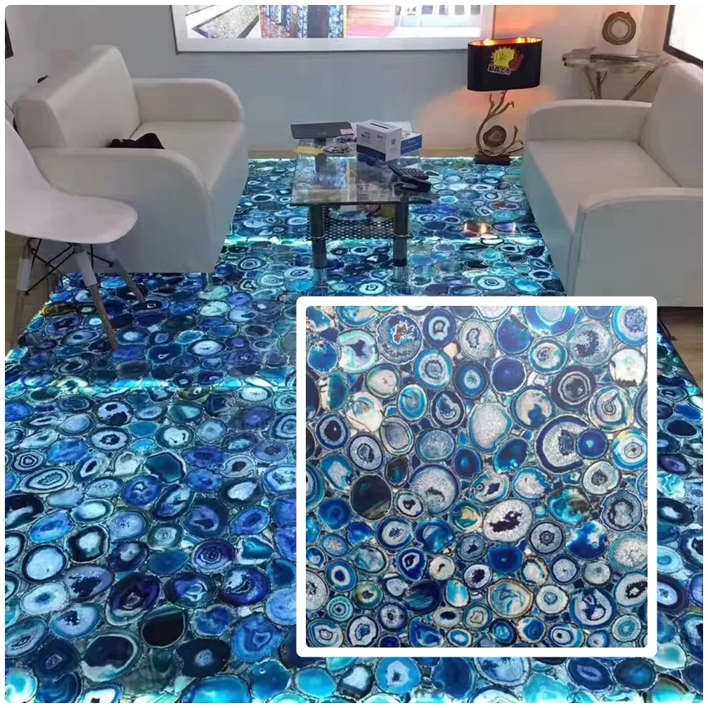 Luxury Natural Stone Blue Agate Semiprecious Gemstone Slabs Backlit Stone Table Tops And Wall Panels