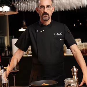 Vêtements de travail en gros Serveur Serveur Uniforme Personnel de cuisine <span class=keywords><strong>Noir</strong></span> et Rouge Chef Manteau Chef Manteau logo - Product Image 3