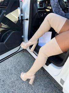 מגפי נשים אופנתיות במידות גדולות מעצבות מגפי גרב אלסטיות סרוגות מעל הברך מגפיים ארוכים שמנמנים עקב גבוה ירך מגפי נשים גבוהות - Product Image 6