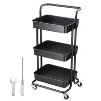 Chariot de rangement à 3 niveaux, rose, avec roulettes, chariot utilitaire avec poignée, chariot de cuisine avec cadre en métal et paniers en ABS