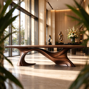 Solid Wood Art Dining <strong>Table</strong> Hand Carved Sculpture <strong>Table</strong> Luxury Wave Shape Wooden Console <strong>Table</strong> for Hotel Lobby Villa Showroom - Product Image 6