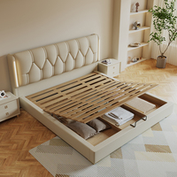 Cama Tapizada de Lujo Estilo Europeo Tamaño Queen o King con Cajones de Almacenamiento Oculto y Cabecero con Iluminación