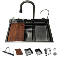 Accessoires de cuisine : Évier multifonction en acier inoxydable à cuve unique avec robinet cascade LED intelligent, style ferme