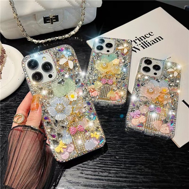 3D Rhinestone Flowers Case Cover for iPhone 17 Pro Max Phone Case Rhinestone Perfume Bottle Girls Phone Case