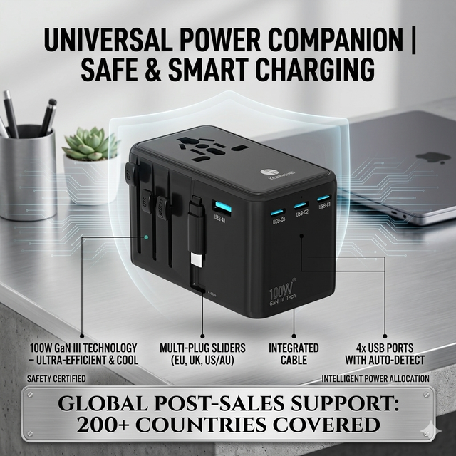 International Socket Adaptor Universal Travel Adapter 100W GaN PD Fast Charge Power Plug with Type C Retractable Cable