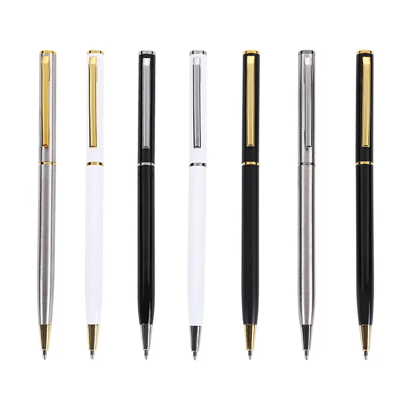 1.0mm 2021 hediye promosyon tükenmez kalem özel Logo siyah beyaz ince Metal gövde büküm tükenmez kalem