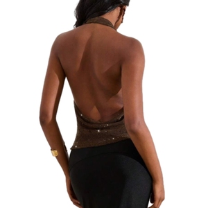 Shiny Deep V Solid Colour Vest Fashion Sexy See Through Swing Neck Halter <b>Top</b> for Women Fashion - Product Image 2