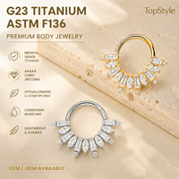 Anneau clicker pour septum en titane ASTM F136 G23 plaqué or 18 carats avec zircone cubique taille Asscher, double usage pour piercing nez et oreille, bijou corporel