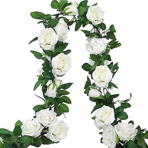 Guirlandes de roses artificielles, fleurs en plastique blanches, feuilles vertes, décoration de mariage et de maison, branche unique - Product Image 5