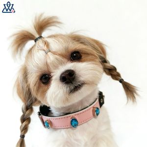 Genuine <b>Leather</b> <b>Dog</b> <b>Collar</b> Top Grain Cowhide Jeweled <b>Pink</b> Small Breed Pet Neckwear All Seasons Luxury Style - Product Image 1