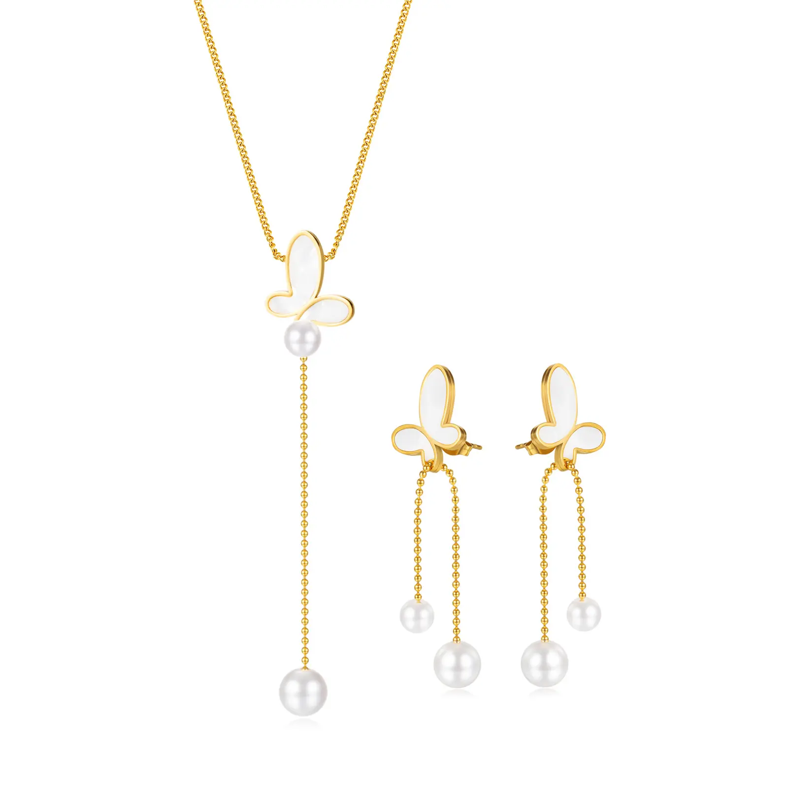 Tarnish Free Stainless Steel Shell Butterfly Necklace Earring Set 18K Gold Butterfly Tassel Pendant Jewelry Set Wholesale