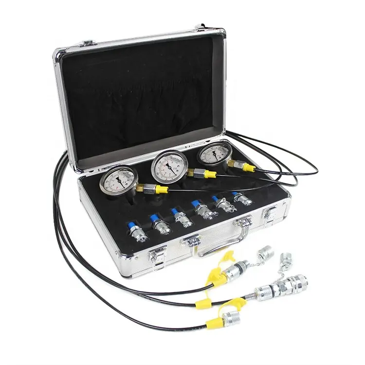 Outil de diagnostic d'excavatrice Kit de test de pression hydraulique 3 jauges 11 raccords 3 tuyaux de test Boîtier en aluminium argenté