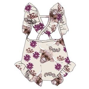 Combinaison d'été en tricot à imprimé floral pour bébés filles, justaucorps bulle à bretelles croisées avec dentelle à l'entrejambe - Product Image 4