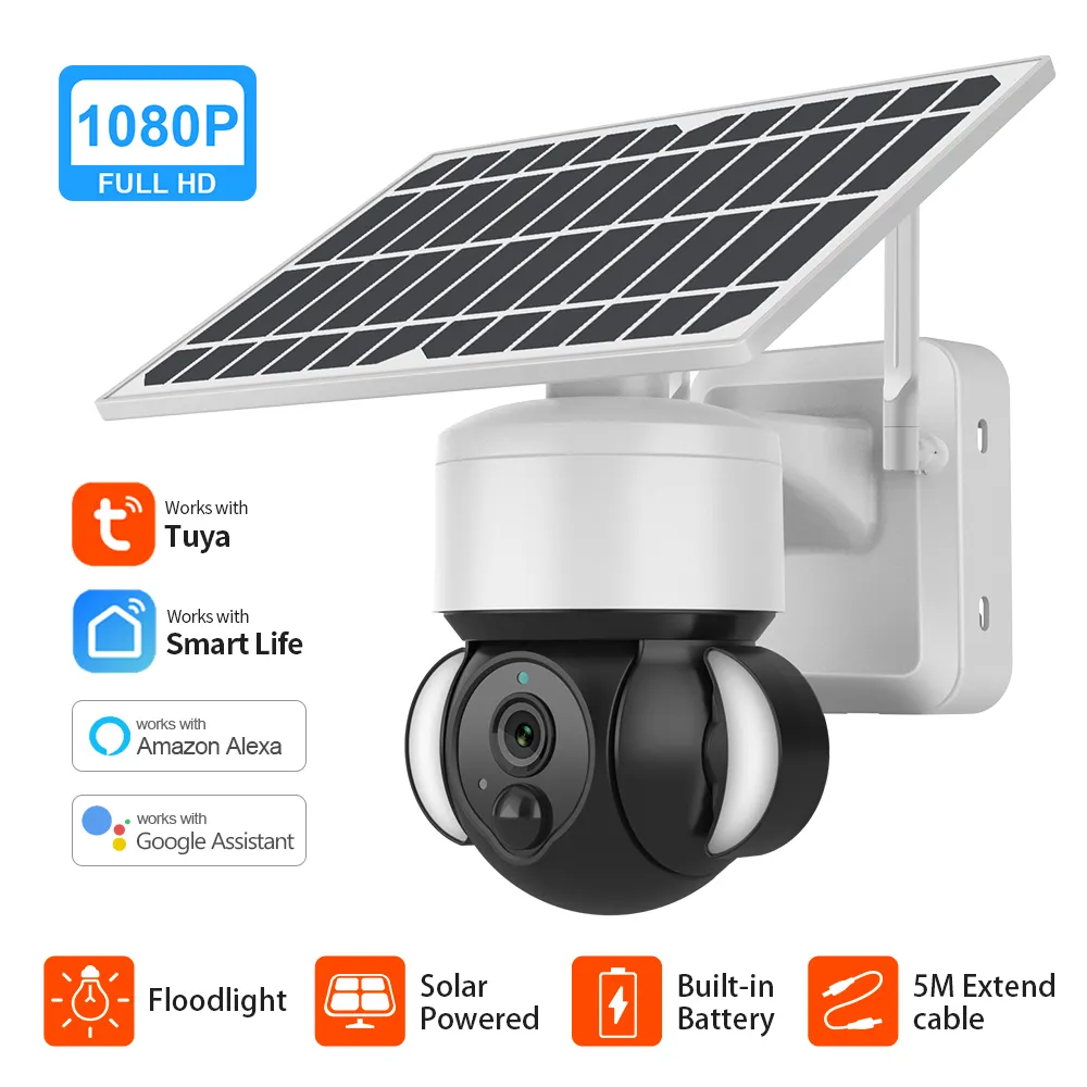 SECTEC Tuya GSM SIM Card 3MP IP Camera Floodlight 4G Solar Panel Battery Security Waterproof Outdoor PTZ Wifi CCTV 4G Camera