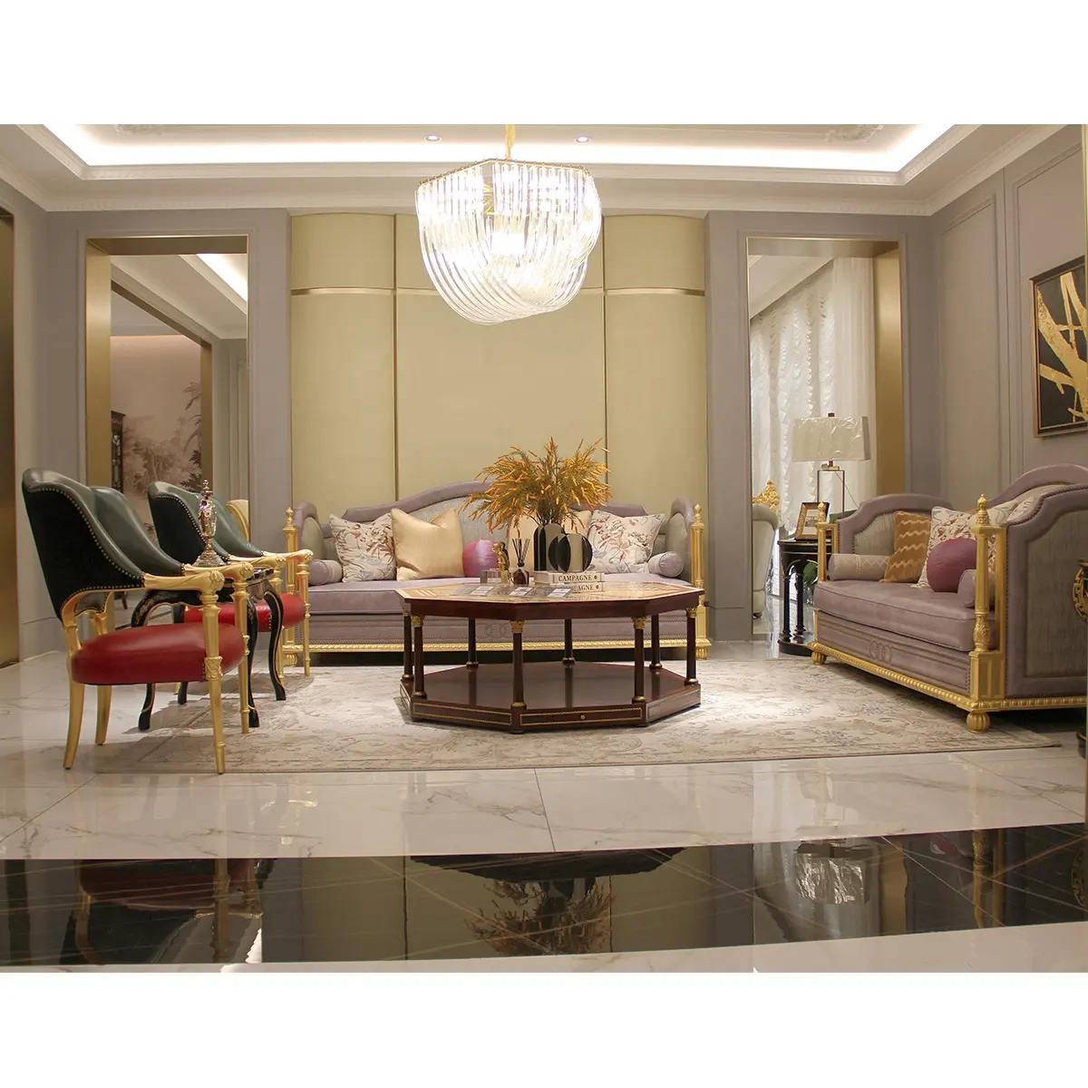 Conjunto de muebles para sala de estar, sofá real europeo de tela de madera sólida, color dorado