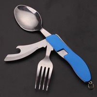 Ensemble de couverts compact en acier inoxydable pour l'extérieur avec couteau pliant détachable, cuillère, fourchette et ouvre-boîte pour le camping, la randonnée et les voyages