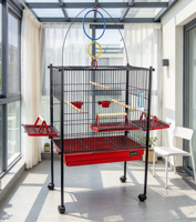 Cage de transport pour perroquets, design triplex, métal, rectangulaire, noir/rouge