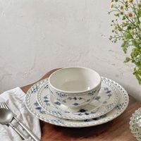 Assiettes, tasses, soucoupes et bols à soupe TECANXIN en porcelaine émaillée, motif végétal écologique bleu, style américain, en dentelle pleine, motif herbe Tang