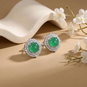 Boucles d'oreilles clous en argent sterling 925 avec calcédoine verte, cabochon rond, bijoux vintage pour femme, cadeau - Product Image 5