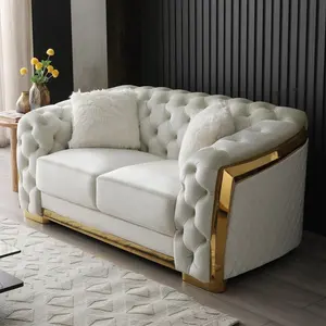 Nova luz luxuosa sala de estar conjunto de sofás tufados veludo loveseat branco marfim 2 3 lugares sofá moldura dourada