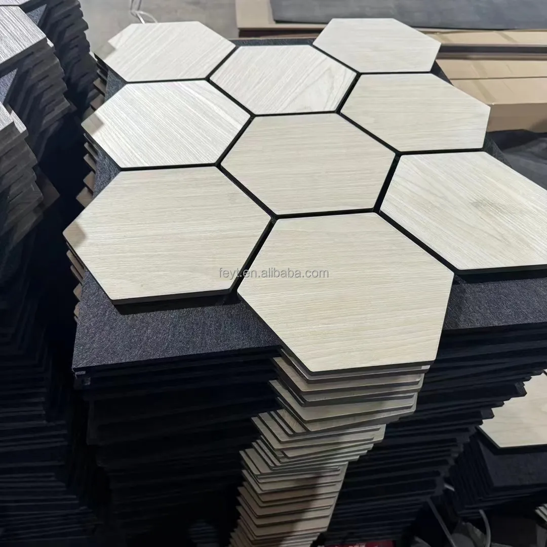 FEYT Interior Home Decoration Hexagon MDF Wood Veneer Slat Wood Wall Panels Sheets Acoustic Panels