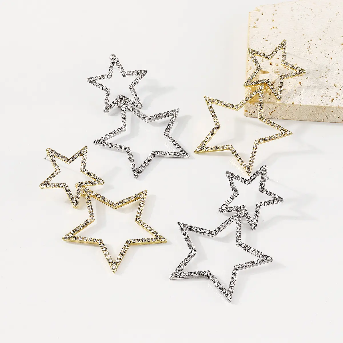 Personalized Fashion Glittering Pentagram Rhinestone Drop Earrings Gold Silver Pendant Handcrafted Star Earrings